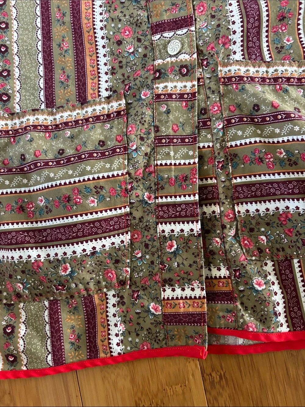 Olive Green Floral Stripe Kitchen Apron with Red Trim